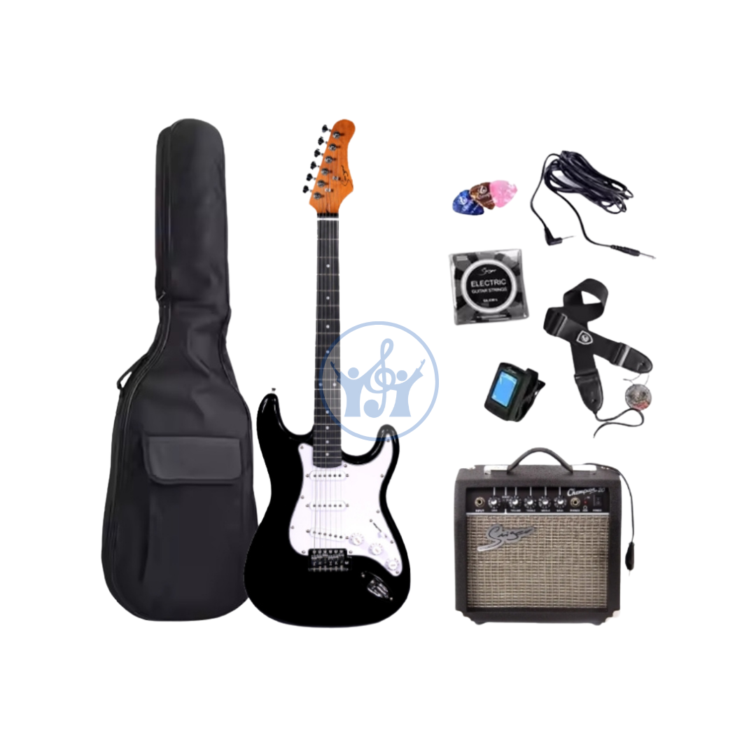 Electric guitar with accessories including a case, amplifier, and cables on a white background