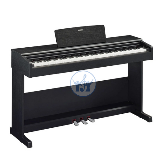 Black digital piano on a white background with a visible brand logo.