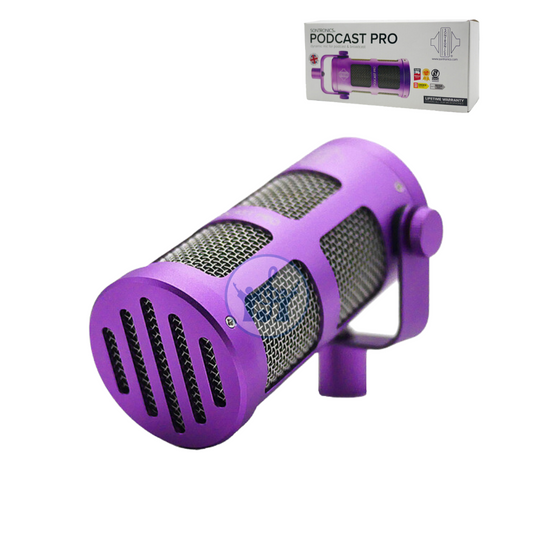 Purple podcast microphone with packaging on a white background