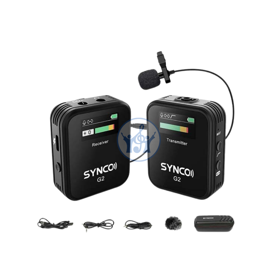 SYNCO G2 wireless microphone system with receiver, transmitter, and accessories on a white background.