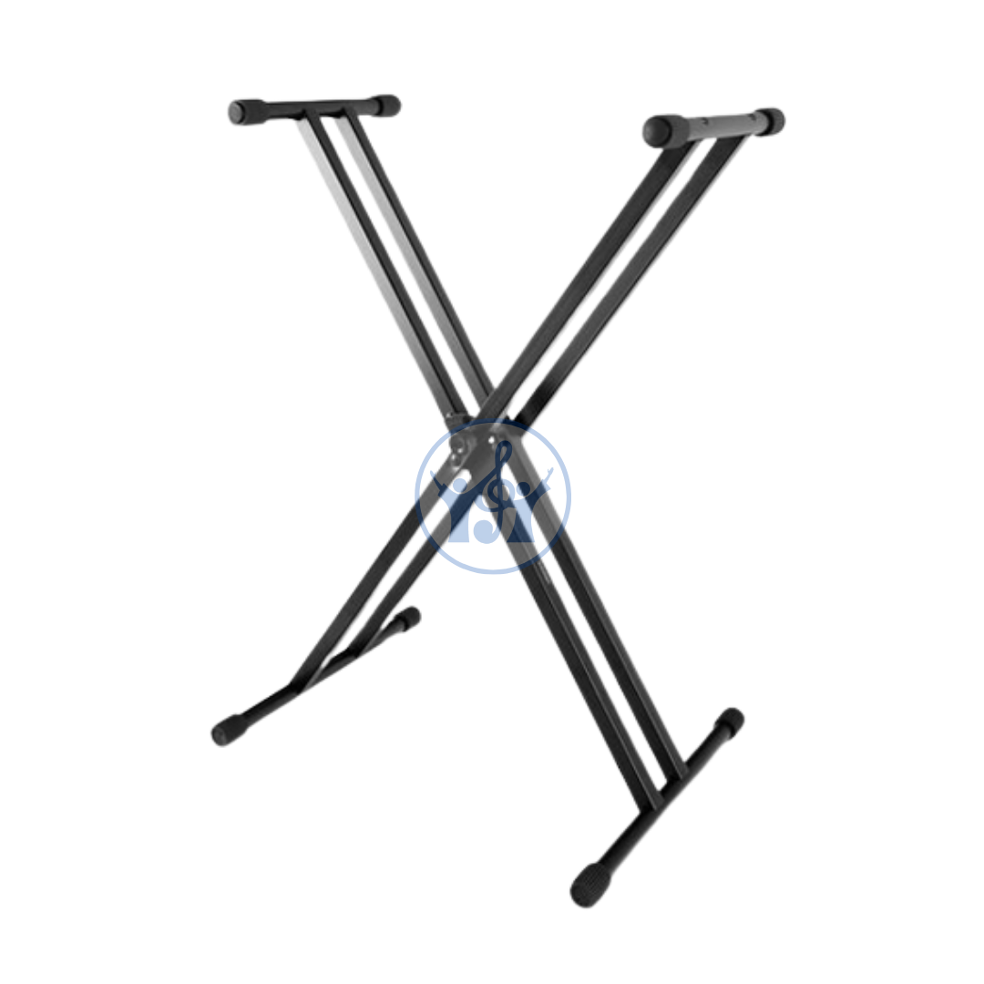 Black metal keyboard stand on a white background