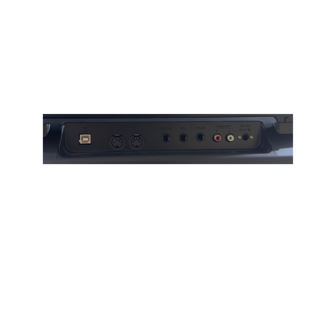 Back panel of electronic equipment with various ports on a white background