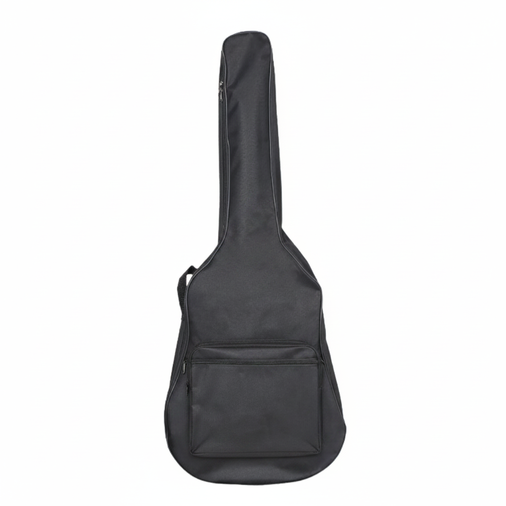 Black guitar case with a logo on a white background