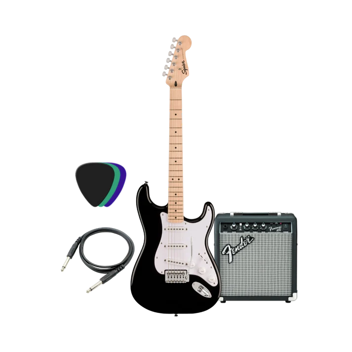 Black electric guitar with Fender amplifier, cable, and pick on a white background