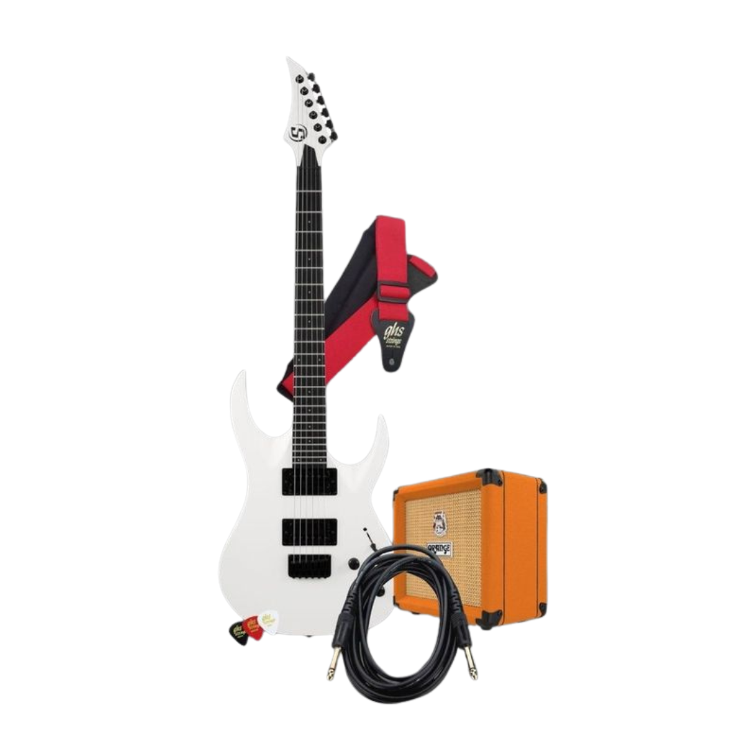 White electric guitar with black and red design, orange amplifier, and black cable on a white background