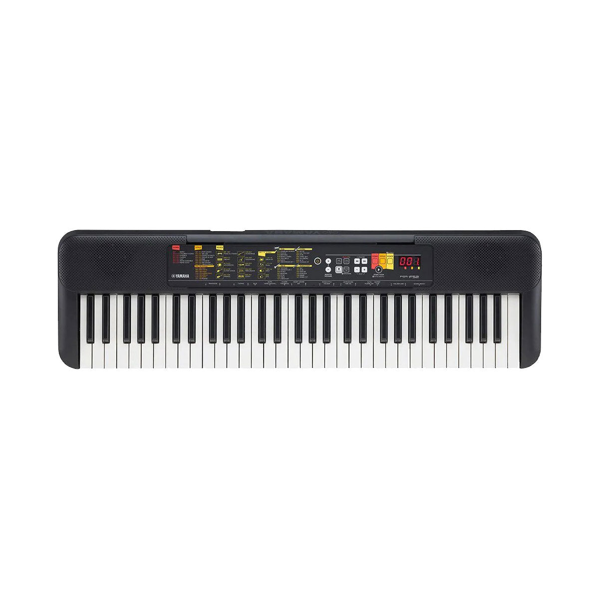 Black electronic keyboard with white keys on a white background
