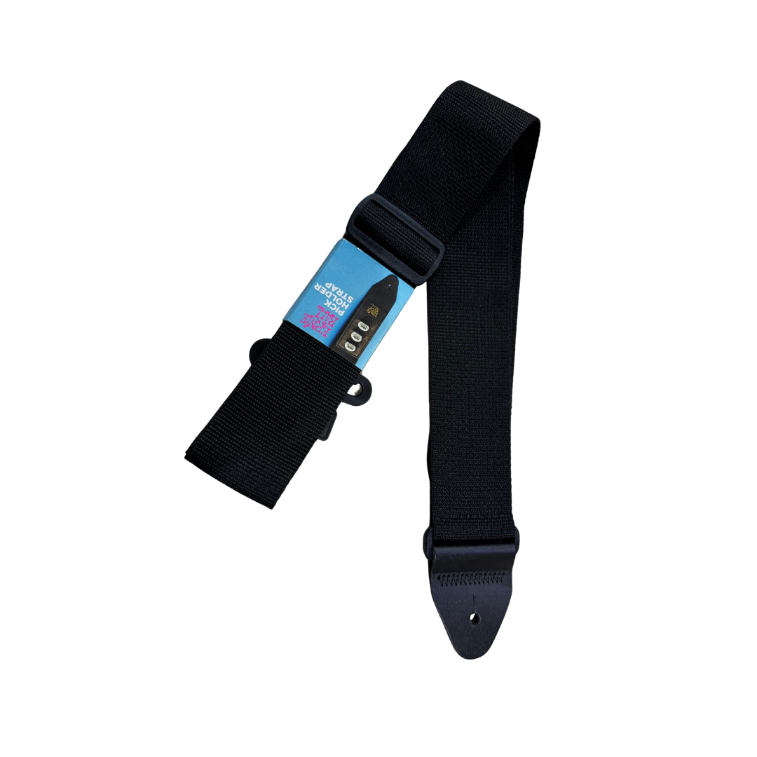 Black guitar strap with a blue label on a white background