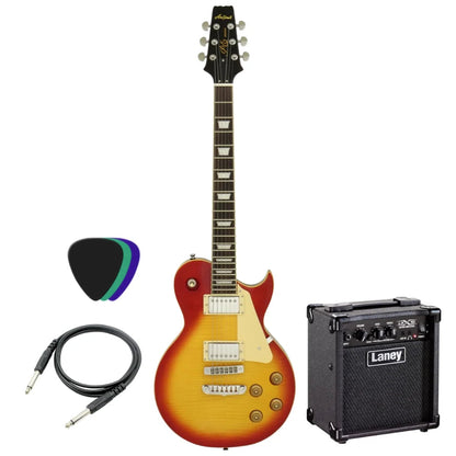 Electric guitar with amplifier, cable, and pick on a white background