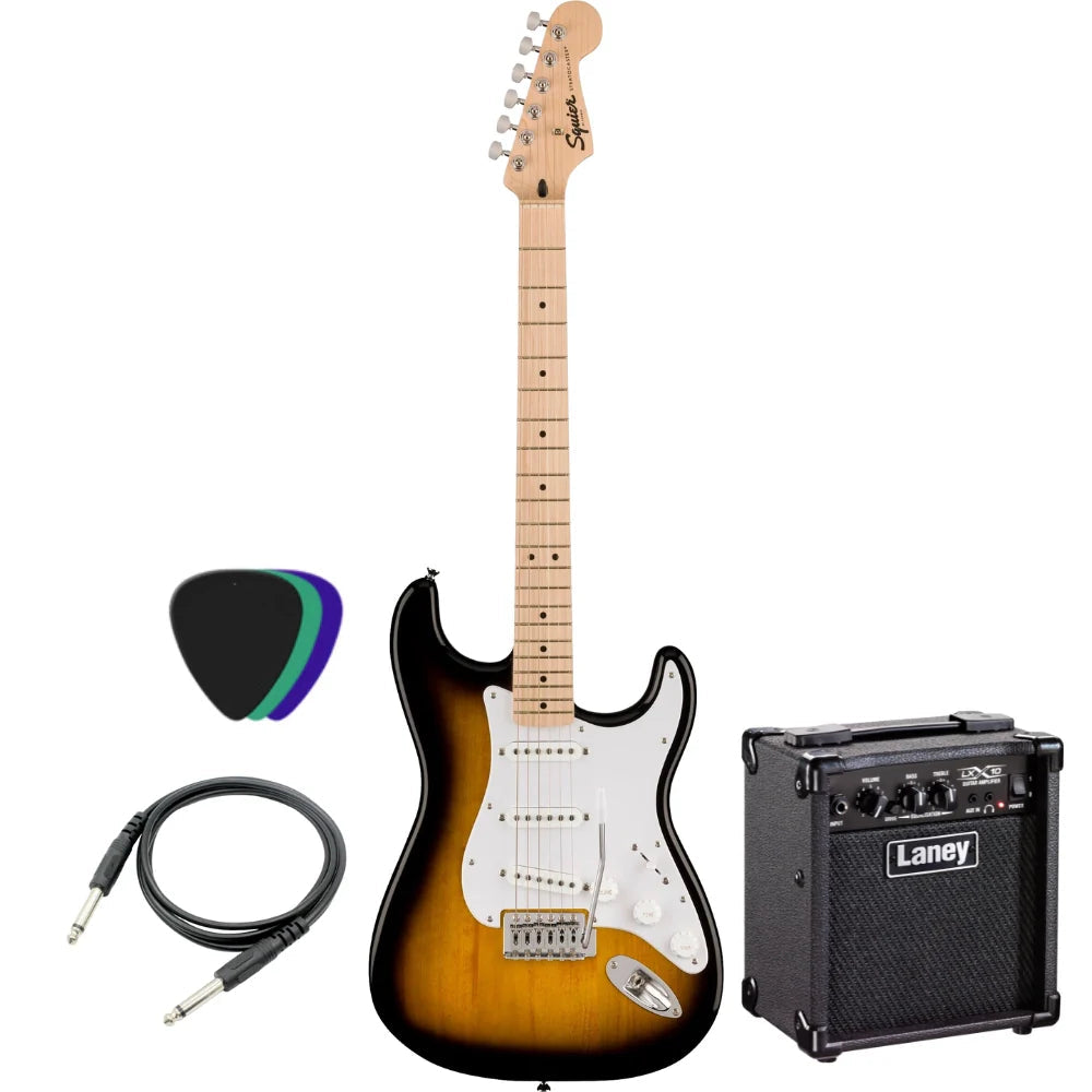 Electric guitar with accessories including a Laney amplifier, cable, and pick on a white background