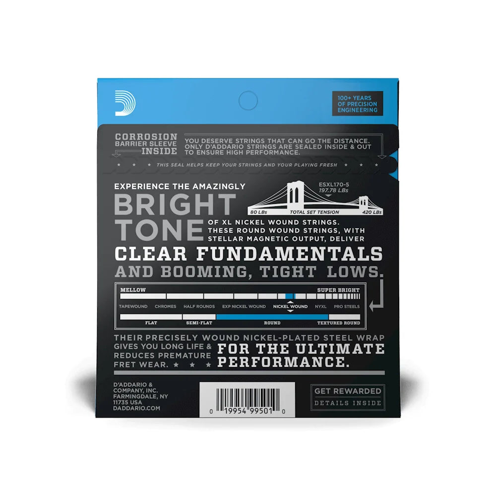 D'Addario 45-130 Regular Light Long Scale 5-String Bass Strings EXL170-5