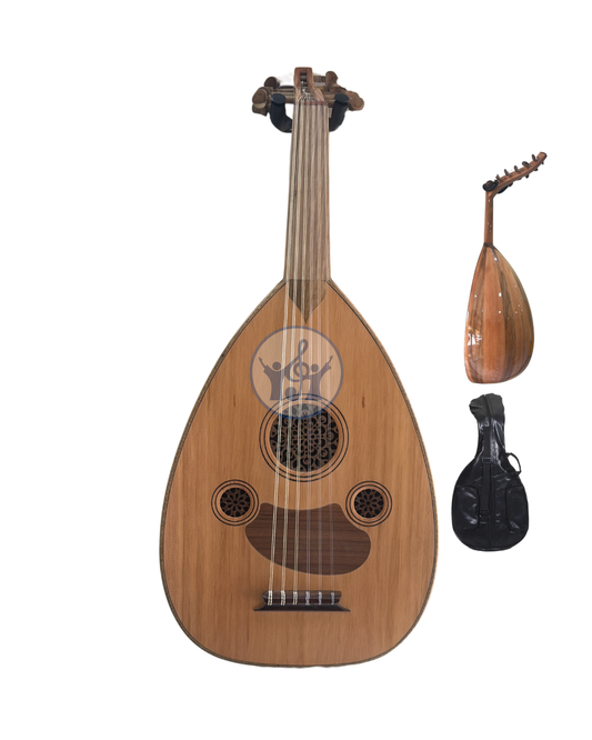 Wooden oud instrument with a carrying case on a white background