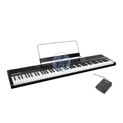 Digital piano with stand and foot pedal on a white background