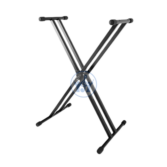 Black metal keyboard stand on a white background
