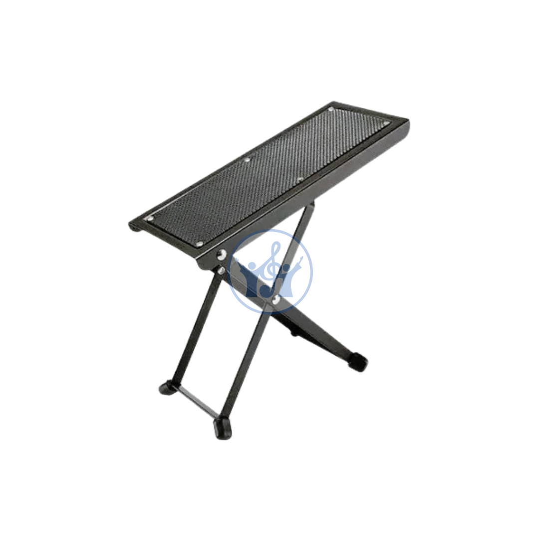 Black adjustable step stool on a white background