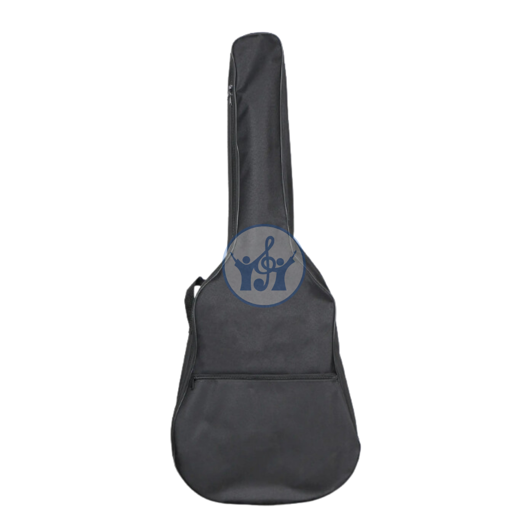 Black guitar case with a logo on a white background