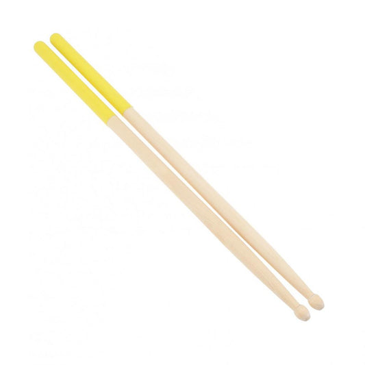 Two drumsticks with yellow ends on a white background