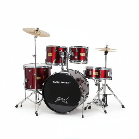 Red drum set with 'Tiger Power' branding on a beige background