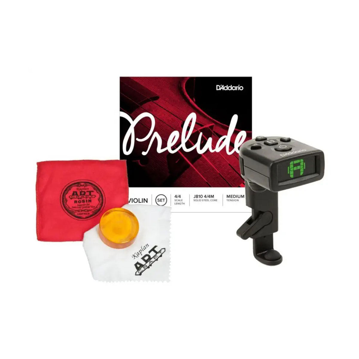 D'Addario Prelude Violin Essentials Bundle – 4/4 Violin Strings, Micro Tuner & Kaplan Artcraft Rosin