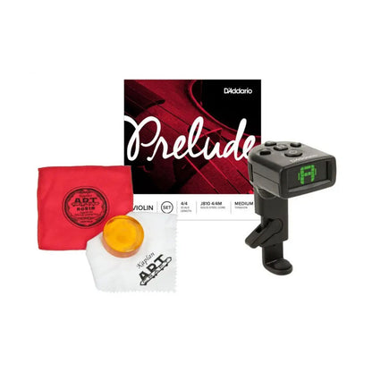 D'Addario Prelude Violin Essentials Bundle – 4/4 Violin Strings, Micro Tuner & Kaplan Artcraft Rosin