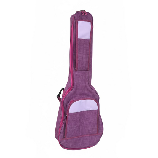 A purple fabric guitar or ukulele case with pink trim and white patches, 