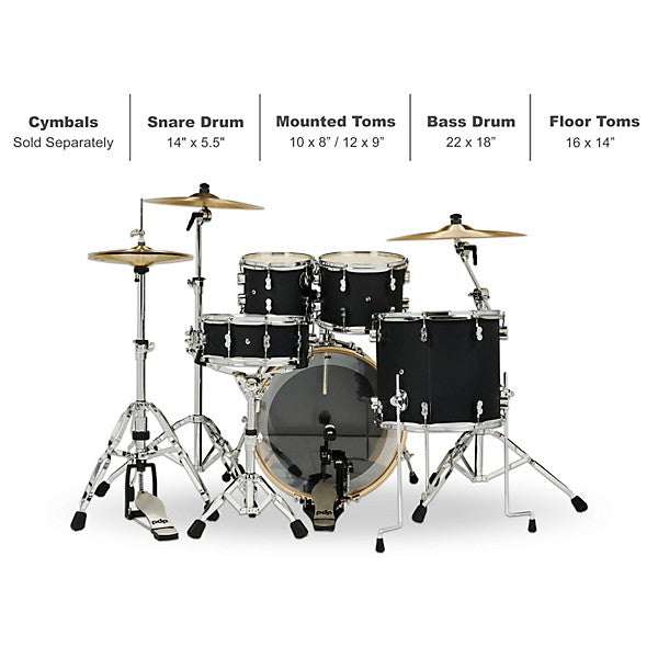 PDP Concept Maple 5-Piece Shell Pack 22", Satin Black, Chrome Hardware