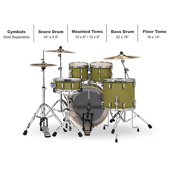 PDP Concept Maple 5-Piece Shell Pack 22", Satin Olive, Chrome Hardware