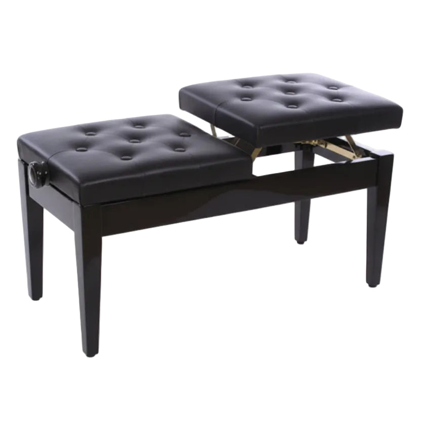 Black tufted bench with ottoman on a white background