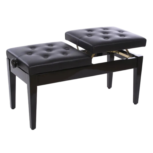 Black tufted bench with ottoman on a white background