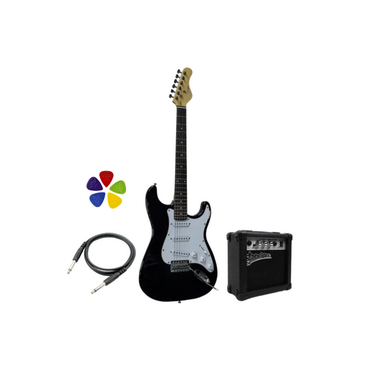 Electric guitar with amplifier, cable, and strap on a white background