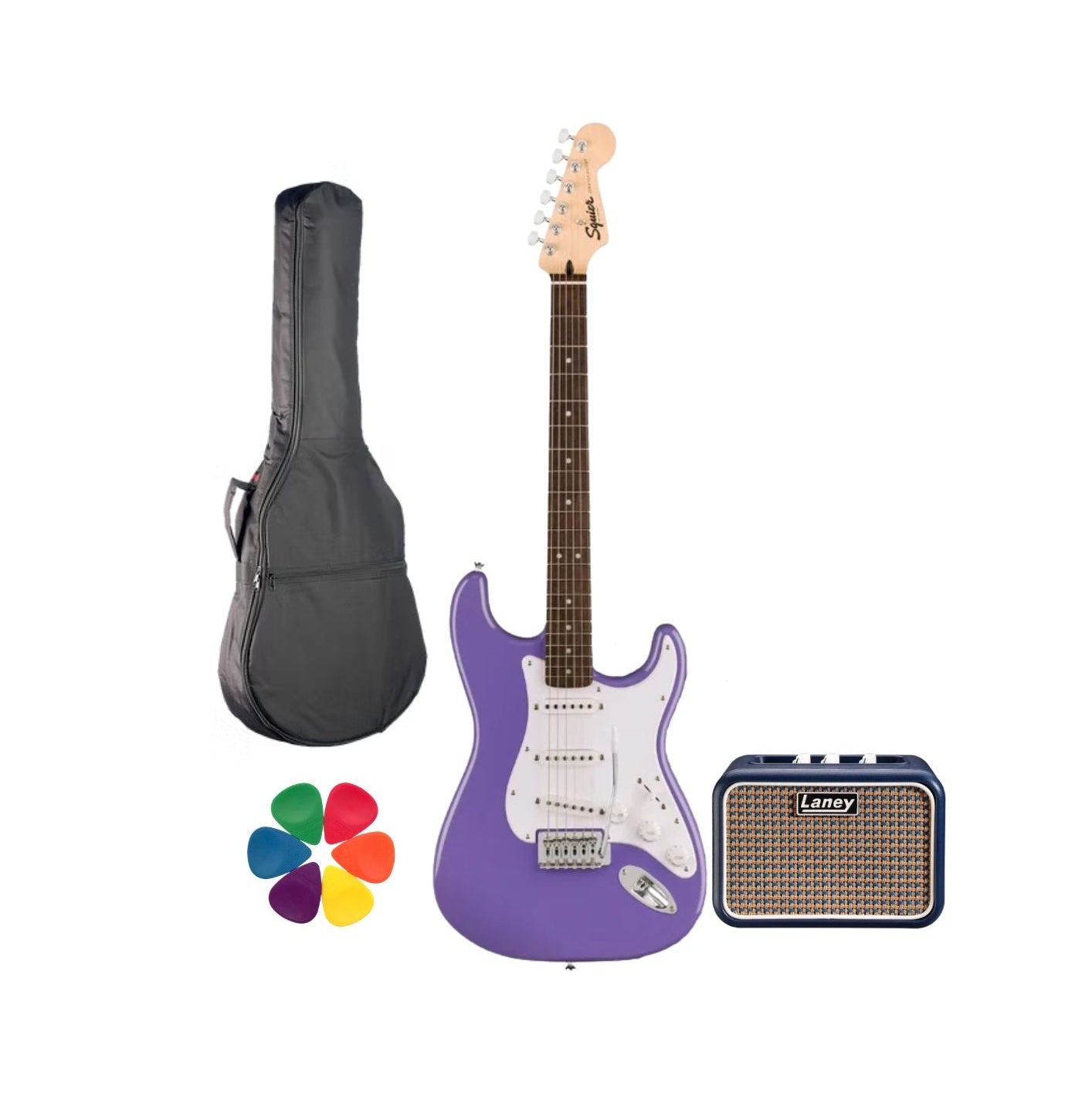 Fender, Squier Sonic Stratocaster SSS Electric Guitar & Laney Mini Lion Amp Bundle