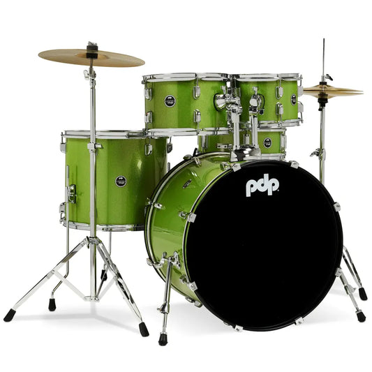 PDP CENTERstage 5-Piece Complete Drum Kit 22", Electric Green Sparkle (Hardware, Cymbals & Throne)
