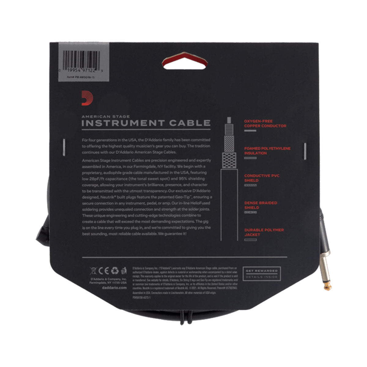 D’addario PW-AMSGRA-15 4.5m American Stage Straight to Right Angle Instrument Cable