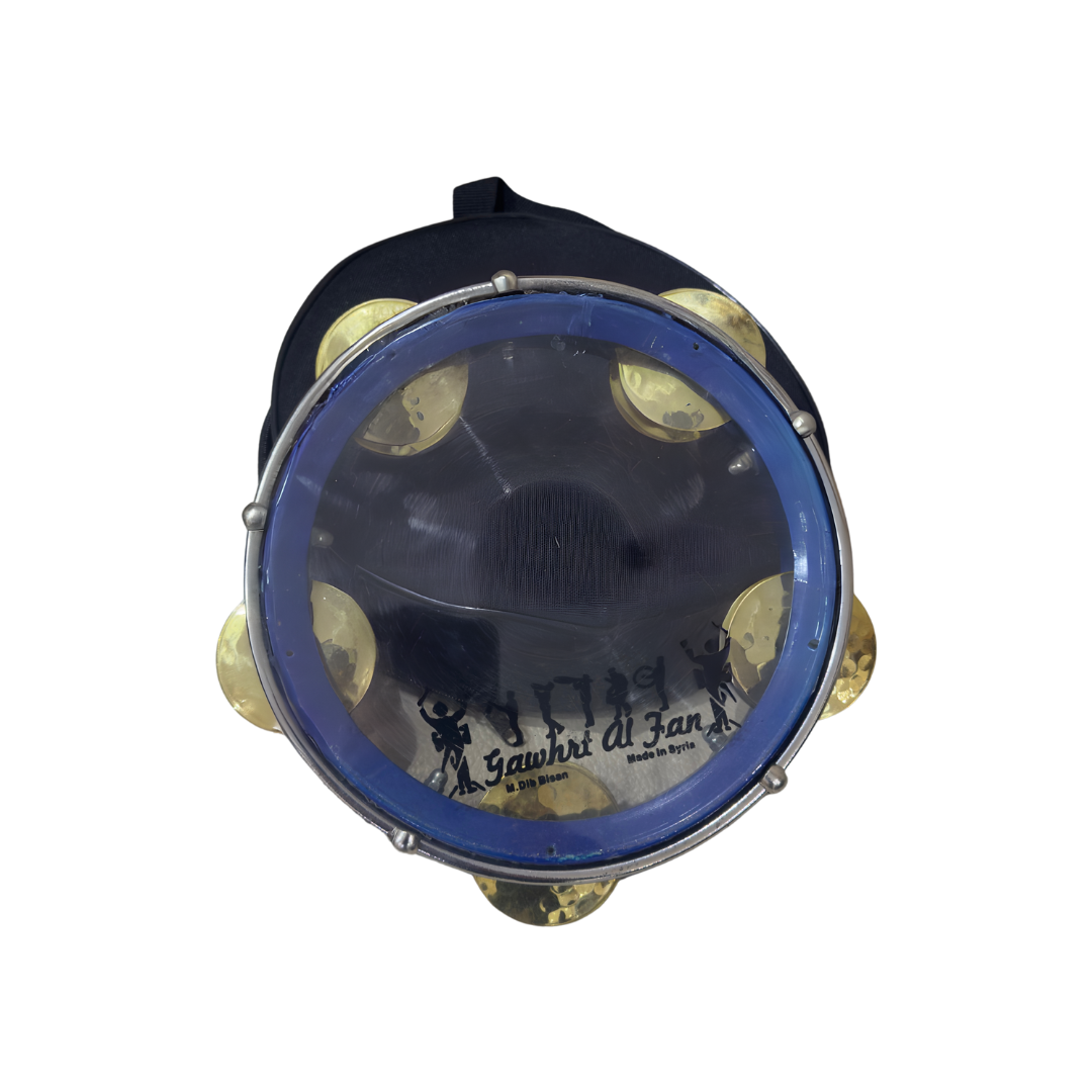 Tambourine with blue rim and yellow jingles on a white background