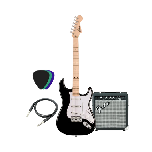 Black electric guitar with Fender amplifier, cable, and pick on a white background
