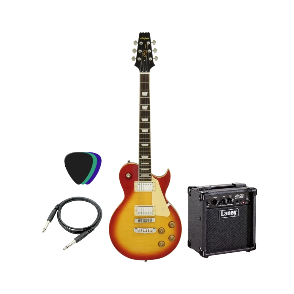 Electric guitar with amplifier, cable, and pick on a white background