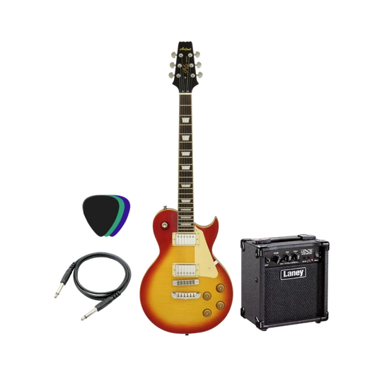 Electric guitar with amplifier, cable, and pick on a white background