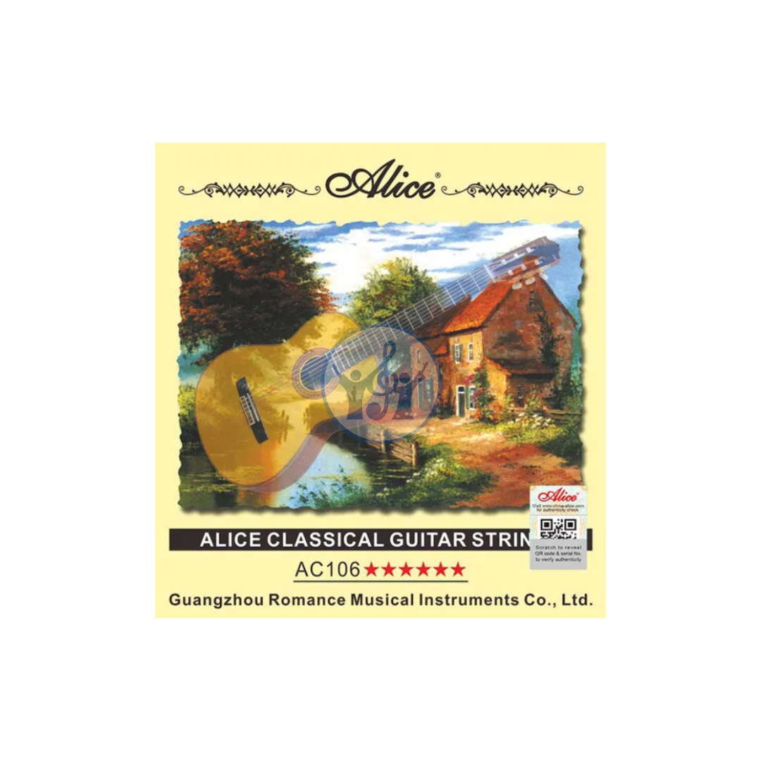 Alice classical guitar string packaging with a scenic design on a white background